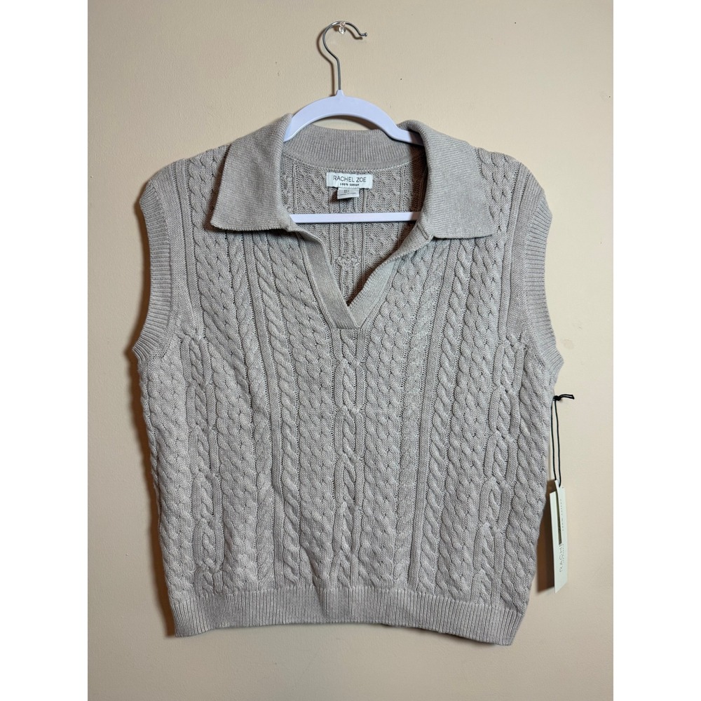 Rachel Zoe Tan Cable Knit Collared V-Neck Cotton Sweater Vest Sleeveless L NEW